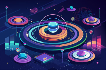 Obraz premium Modern digital abstract background featuring a dynamic gradient of vibrant neon colors including blue, red, pink, and orange. Vertical light stripes create a sense of depth and motion, making it perfe