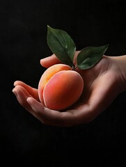 Close-up of a person's hand holding two peaches. the peaches are bright orange in color and appear to be fresh. the hand is gently cupped around the peaches, with the fingers slightly spread apart.