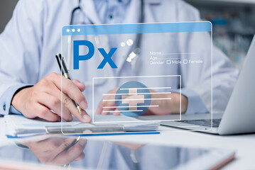 Doctor writing on paper with digital prescription interface. Concept of electronic medical record, e-prescription, healthcare innovation, and modern telemedicine technology.