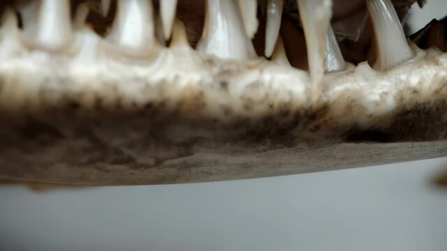 Detailed close-up showcasing the sharp, textured teeth and speckled patterns of a predatory fish's jawbone against a neutral backdrop