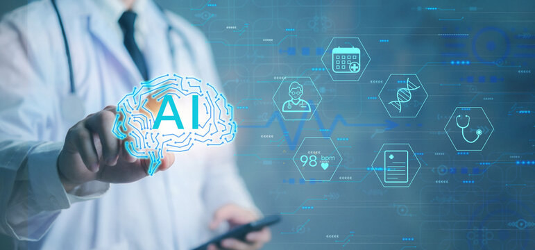 Doctor interacting with AI brain icon in futuristic interface. Concept of artificial intelligence in healthcare, diagnostics, smart hospital system, and medical data analysis technology.