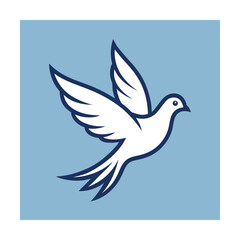 Stylized illustration of a dove in flight on a light blue square background