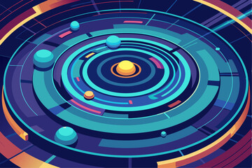 Futuristic abstract technology background featuring glowing concentric circles, radial lines, and blue neon dots on a dark gradient backdrop. Ideal for high-tech, data visualization, AI, blockchain, c
