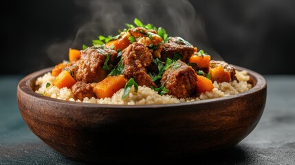 A warm plate of savory couscous adorned with tender meat and colorful vegetables, exuding a rich aroma that captures the essence of traditional culinary experiences.
