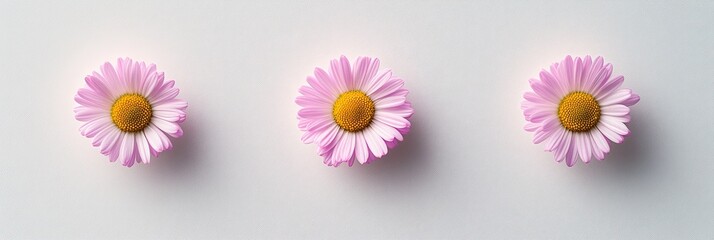 Three delicate pink daisies arranged in a row against a plain white background