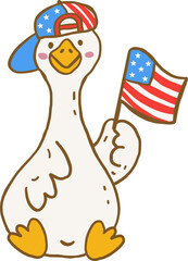 Cute 4th of July Silly Goose with American Cap Hat and American Flag  Hand Drawn Doodle