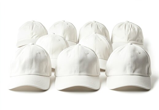 Several plain white baseball caps arranged in a row against a white background.  Each cap displays a clean, smooth surface, suitable for customization