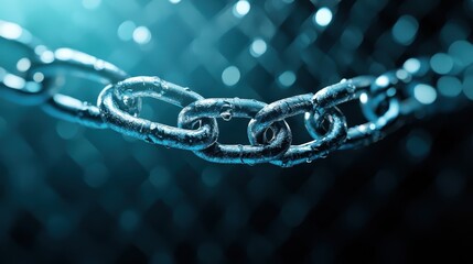 A close-up image of metallic chains illuminated against a dark background, symbolizing strength and connection, showcasing the intricate links in vivid detail.