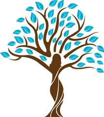Artistic tree design with a feminine figure as the trunk, symbolizing nature, growth, and womanhood. Elegant brown branches with turquoise leaves on a white background.

