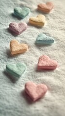 Obraz premium Colorful heart-shaped candies arranged on a textured background for a playful sweet display during a celebration or event
