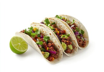 Three tacos with ground beef, avocado, salsa, red onion, cilantro, and a lime wedge
