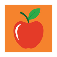 Vibrant red apple with green leaf and stem on orange background illustration