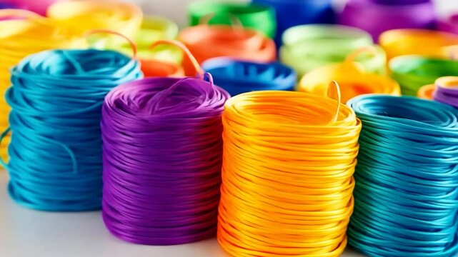 Colorful spools of string on white background
