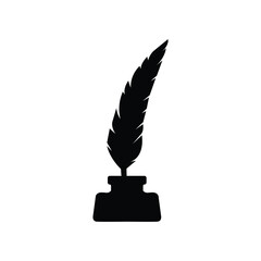 Amazing feather pen with inkpot silhouette vector art illustration.