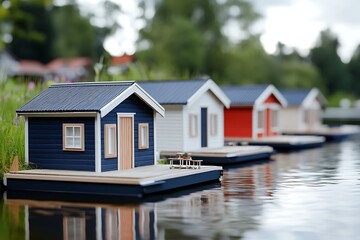 Row of miniature, charming, simple, farmhouse-style homes on a tranquil body of water, reflecting the serene surroundings