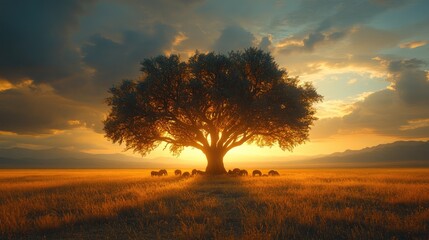 Fototapeta premium A serene sunset landscape featuring a majestic tree surrounded by grazing animals in an expansive golden field