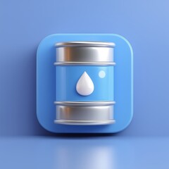 3D Rendering Stylized image of a blue oil barrel with a water droplet icon on a smooth background. Sosial media style icon