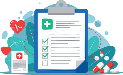 Vector flat illustration Medical Checkup Checklist, Healthcare Forms, Doctor's Appointment, Patient Records, Health Management