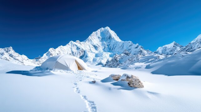 A stunning view of towering snowy peaks contrasted by a solitary camping dome, showcasing nature's beauty and tranquility in a breathtaking mountain setting. - Powered by Adobe