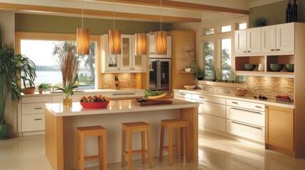 Fototapeta premium A modern kitchen with light wood cabinets and white trim.