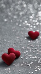 Fototapeta premium Soft red hearts on a shimmering gray surface create a romantic atmosphere for celebrations and special occasions