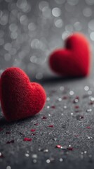 Fototapeta premium Two red felt hearts adorn a glittering surface with sparkling details and scattered embellishments