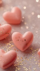 Obraz premium Sweet pink heart-shaped candies scattered with shiny gold dust on a soft pastel surface