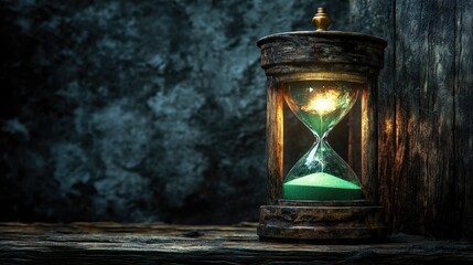An antique hourglass with green sand illuminated in soft light, symbolizing the passage of time and reflection in a rustic setting