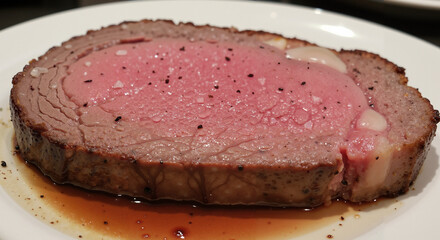  Medium rare prime rib steak on white plate for gourmet dinner and meat cuisine visuals