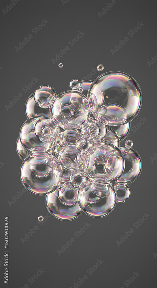 Poster iridescent soap bubbles cluster floating abstract background 3d render