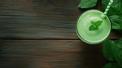 A vibrant green smoothie elegantly presented with a mint garnish, placed on a wooden background, embodying health and vitality for culinary enthusiasts.