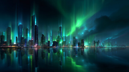 Obraz premium Futuristic city skyline glowing under vibrant green lights, reflected in a calm waterfront at night.