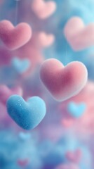 Fototapeta premium Colorful hanging hearts create a whimsical atmosphere in a dreamy setting filled with soft pastel hues