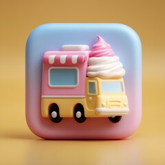 3D Rendering Colorful ice cream truck illustration with a whimsical design on a pastel background. Sosial media style icon