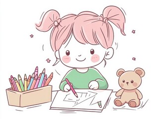 Happy Girl Drawing with Colored Pencils and Teddy Bear