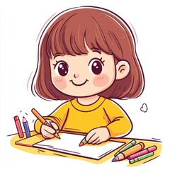 Happy Girl Drawing with Colored Pencils at Wooden Table