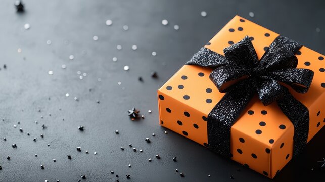 A vibrant orange gift box adorned with black polka dots and a glittery black bow, showcasing an exciting festive feel perfect for any celebration or special occasion.