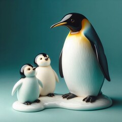 Obraz premium Ceramic penguin parent and chick standing on glossy ice platform 