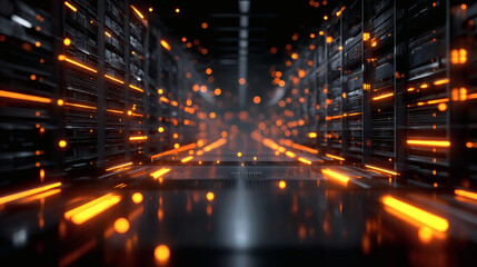 Obraz premium A futuristic server room with glowing orange lights and digital particles creating a high-tech, immersive atmosphere.