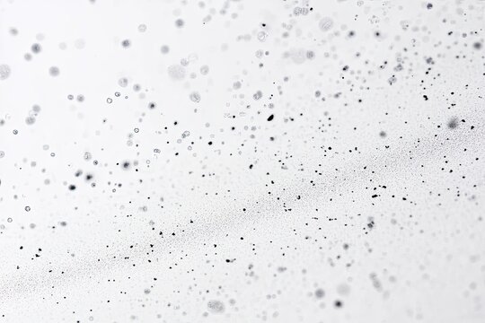 Abstract image of tiny, dark particles dispersed across a white background.  Particles varying in size and density, creating a sense of depth and motion