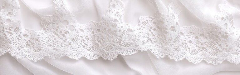 Delicate white lace trim adorns a sheer white fabric