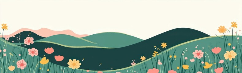 Pastel Flower Field and Rolling Green Hills Landscape