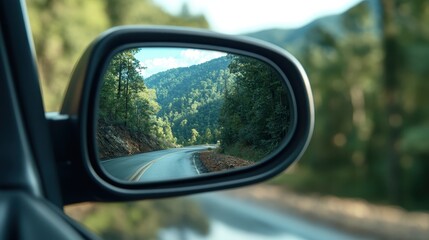 An enchanting view of a winding mountain road captured in the side mirror, showcasing the breathtaking landscapes that invite exploration and adventure.