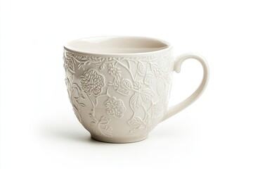 Cream-colored, ornate teacup, featuring a floral embossed design.  The cup is round, with a handle, and sits on a plain white background