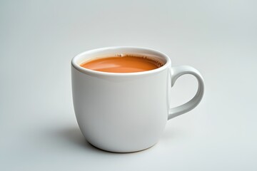 Single white cup of tea.  Aromatic, light-orange colored beverage fills the mug. Simple, elegant, and ready to enjoy