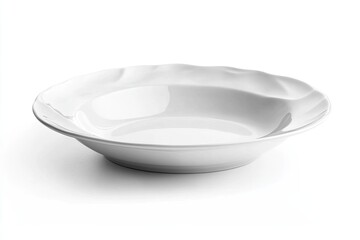 White ceramic shallow bowl with fluted edge.  Features a smooth, glossy surface and a wide, rounded shape