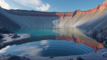 Serene turquoise lake nestled within a dramatic, colorful quarry. The still water reflects the vibrant hues of the surrounding cliffs, creating a breathtaking landscape.