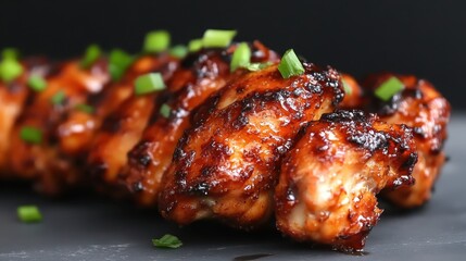 Succulent grilled chicken covered in a rich, savory glaze garnished with fresh green onions, symbolizing culinary delight and mouth-watering indulgence for food lovers.