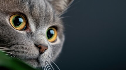 A close-up portrait of a beautiful gray cat featuring strikingly vibrant green eyes, highlighting the allure and enchantment of feline grace and charm in the animal kingdom.