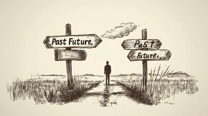 Hand-drawn sketch of a crossroads with signposts indicating past and future, a solitary figure standing at the fork in the road